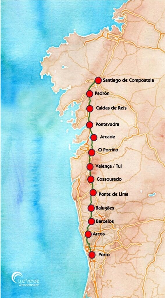 Kaartje Camino Portugués - Centrale route